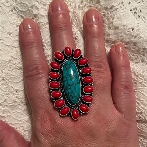 Elegant Red and Turquoise Statement Ring